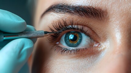 Close up photograph showcasing a professional practitioner wearing gloves and meticulously creating natural looking hairline details with a specialized micropigmentation tool leaving ample copy space