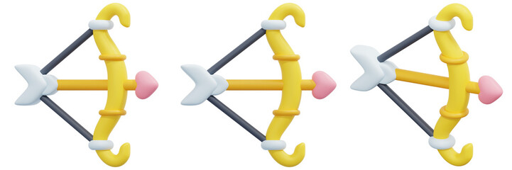 Set of Golden Cartoon Bows with Pink Hearts and White Arrows 3d Render Icon Illustration