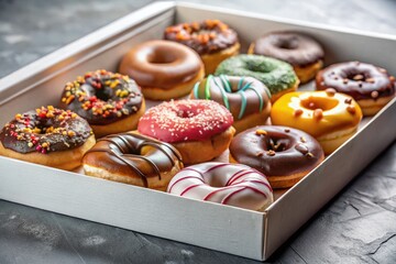 Assorted Donuts in Paper Box, Delicious Sweet Treats, Bakery Pastry, Food Photography
