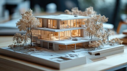 Modern architectural model of three-story building with trees on wooden base