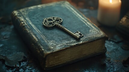 Antique key on vintage book by candlelight in mysterious setting