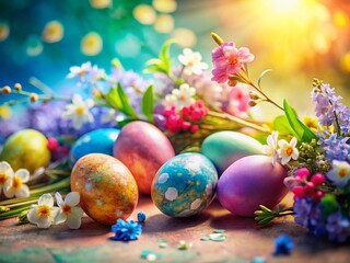 Artistic Easter Watercolor Background: Eggs & Spring Flowers