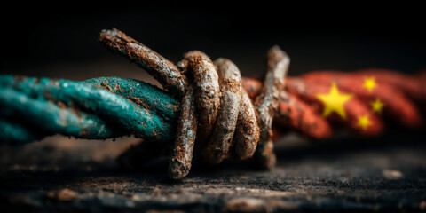 grungy conceptual image showing the indian flag partially obscured by barbed wire along a shared bor