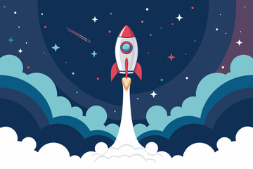 Design a vibrant vector background for a startup launch, featuring a bold, stylized rocket soaring upwards against a dynamic backdrop.  Include bright colors and a futuristic feel.