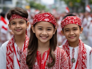 Smiling children in red and white attire