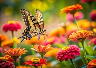 Obraz premium Arizona Zinnia Garden: Two-Tailed Swallowtail Butterfly in Flight - Long Exposure Photography