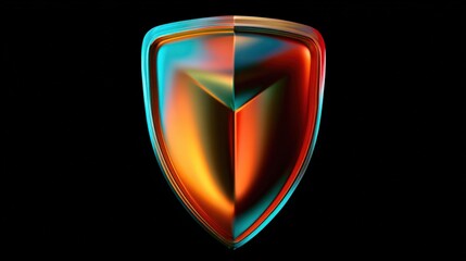 A glossy, futuristic shield emblem with vibrant orange and blue reflections on a black background.