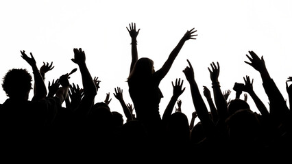 Excited crowd with raised hands at concert black white isolated on white background.PNG, AI GENERATED