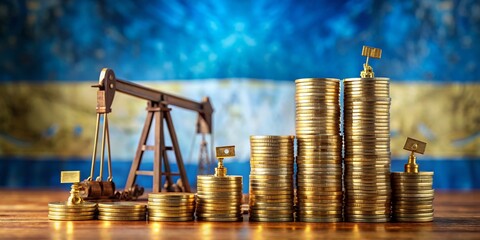 Argentina Oil Economy: Coin Stacks, Barrels & Pumpjack - Tilt-Shift Photo
