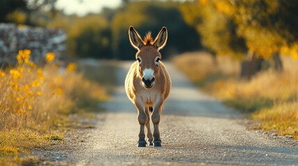 Adorable donkey standing on rural path in sunlit countryside landscape