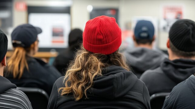 A group sits in a modern space, listening intently to a presentation, with one person wearing a red beanie