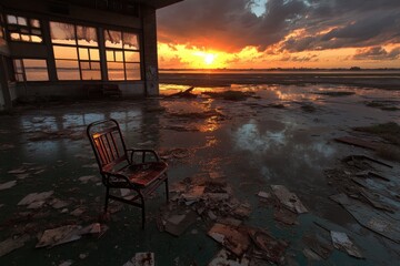 Abandoned building interior with chair reflecting a vibrant sunset