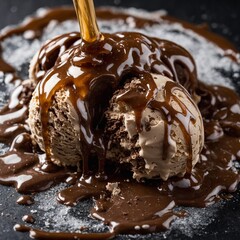 A dramatic close-up of fudge-topped ice cream melting quickly in the heat.