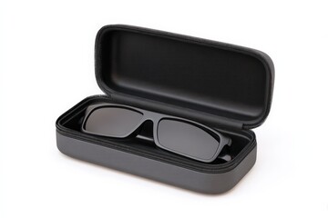 Sleek black sunglasses rest in their protective case, ready for any adventure.  A stylish accessory for the modern individual.