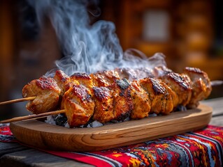 Smoking Chicken skewers sizzling on colorful cloth