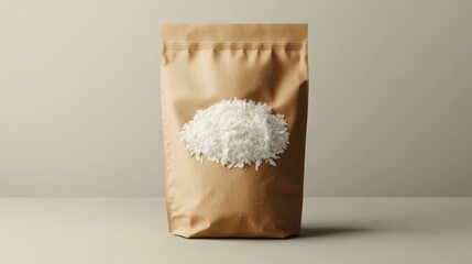 Plain brown paper bag with a white fluffy textured object inside, minimalistic single product display for packaging or grocery concept
