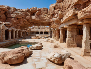detailed photograph of the carved stone pillars of a vijayanagara temple in india