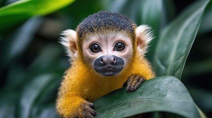 Fototapeta premium Adorable squirrel monkey on leaf with wide eyes in vibrant jungle setting