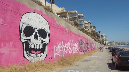Pink Skull Graffiti with Beach Wall Art.