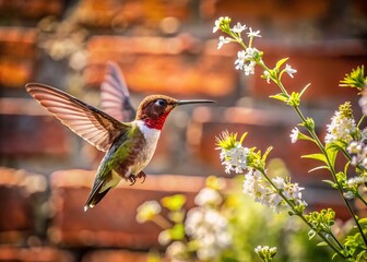 Fototapeta premium Anna's Hummingbird Feeding on White Flowers in Urban Garden