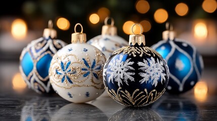Sparkling holiday orbs shimmer against bokeh lights
