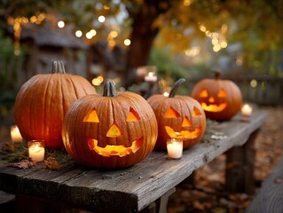 Fototapeta premium Spooky Halloween pumpkins glowing on rustic table