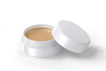 Close-up of a small, round jar of light brown cosmetic product. The lid is off, showing the creamy texture.
