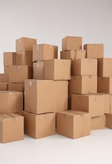 Group of empty brown cardboard boxes, white background  ,  surface,  disposal
