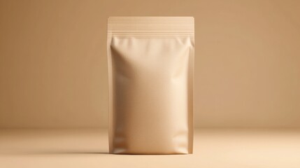 Minimalist beige kraft paper pouch standing upright on neutral background with soft lighting for packaging design or product display purposes