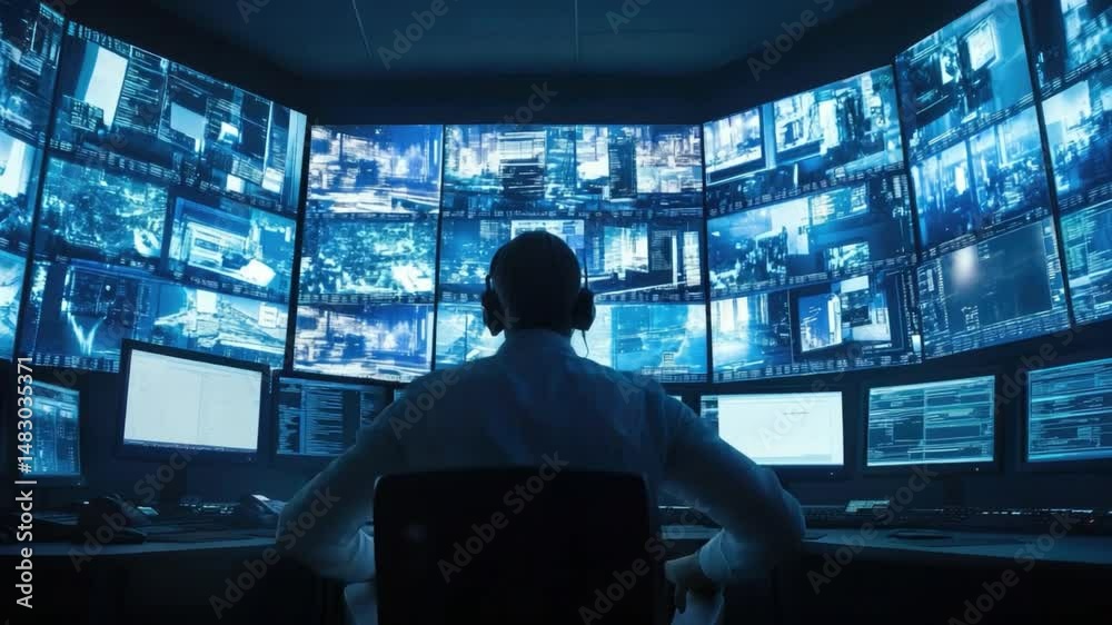 Poster futuristic control room with screens and operator in dark environment overseeing high-tech data proc