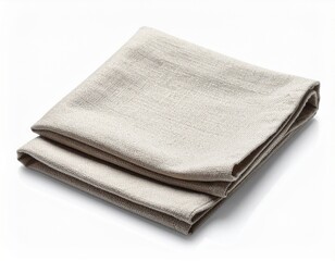 Beige linen kitchen napkin casually folded with soft natural drapes and visible fabric texture isolated on white