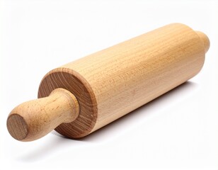Traditional wooden rolling pin with smooth cylindrical shape and natural wood grain texture isolated on white