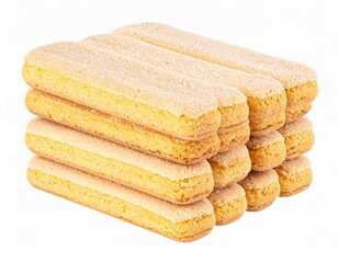 Fototapeta premium Stack of golden brown Savoyard ladyfinger biscuits arranged neatly isolated on white