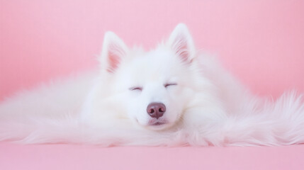 Fototapeta premium A soft, fluffy white dog lies peacefully on a pink background, eyes closed and expression relaxed, creating a tranquil and serene atmosphere