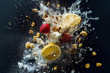 Dramatic splash of water with fruits and crumbles on a dark background