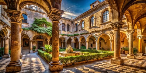 Obraz premium Ancient Monastery Cloister: Architectural Detail in Italy, Stone Walls, Sunlit Courtyard