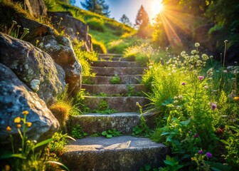 Ancient Granite Hillside Staircase: Rustic Stone Steps Leading Upward © prapatsorn
