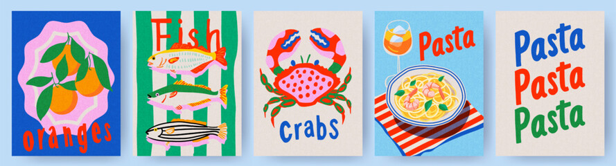 Сollection of cute summer Mediterranean posters, cards templates with oranges, seafood, fish, crab, shrimp pasta, cocktail and typography design. Trendy summer design for branding, ads, print, decor