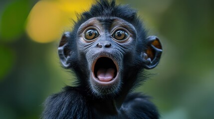 Fototapeta premium Surprised young monkey with wide eyes in lush green background