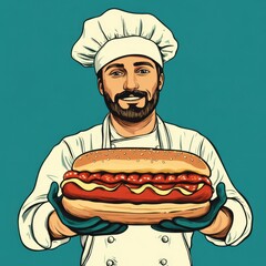 Chef holding a large sandwich in a colorful kitchen setting during a cooking session