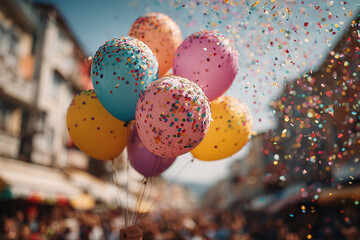 A lively celebration scene, featuring a multicolored bouquet of balloons floating above an urban crowd - AI-Generated