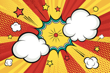 Create a vibrant vintage pop art vector background featuring bold speech bubbles, bright colors, and retro-style typography.