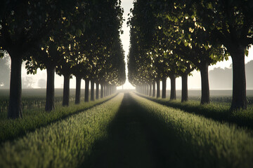 Sunlit Path Through Rows of Trees in a Green Field
