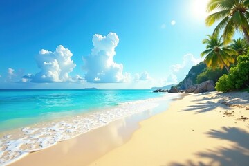 Sunny beach scene, clear blue sky, golden sand, ocean waves Perfect summer vacation backdrop , beach, tropical, joyful