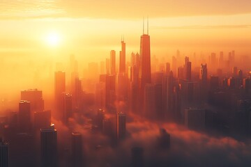 City skyline bathed in golden sunrise