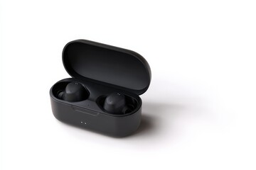 Sleek black wireless earbuds in their charging case, ready for listening. Minimalist design.