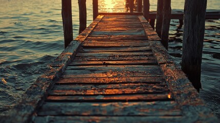 Fototapeta premium Wooden dock extending into a tranquil water body at sunset.