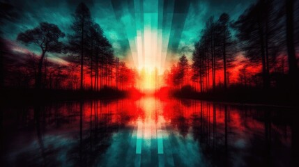 Fototapeta premium Forest lake with vibrant sunset colors, sky reflecting in water, filtered light
