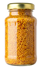 realistic close up of mustard seeds in glass jar with golden metal lid on isolated background
