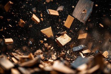 Wooden pieces and sawdust float on a dark, dramatic background. Use it to symbolize demolition, construction, or creative destruction.